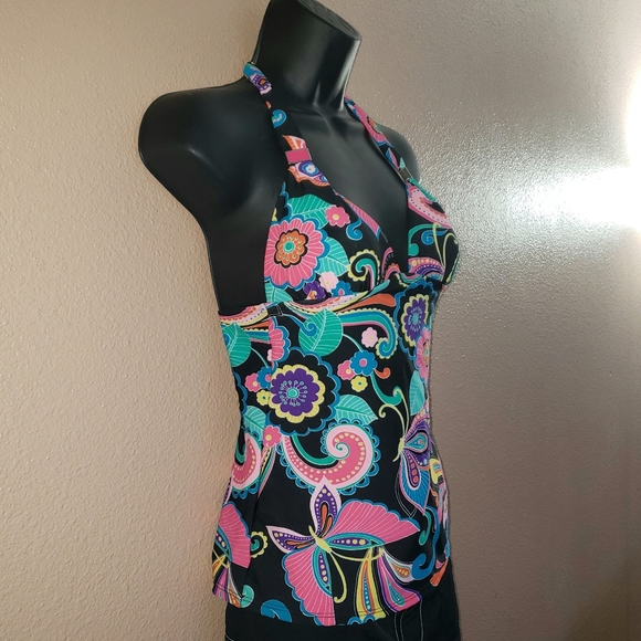 CANDIE'S Bright Neon Colorful Rainbow Floral Butterfly Halter Tankini Top Sz XS - Picture 5 of 16